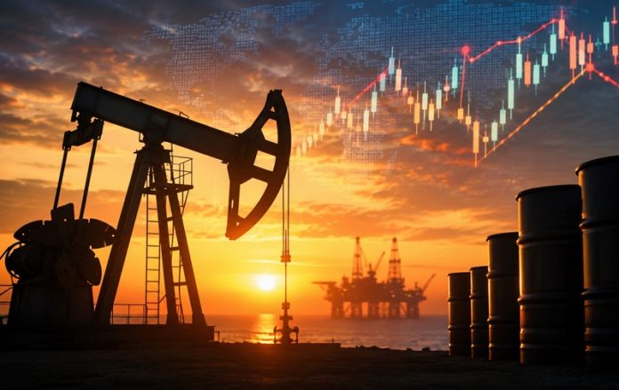 Peisaj industrial la apus cu grafice financiare