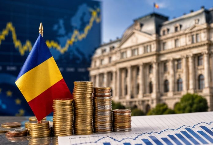 Monede și steagul României reprezentând creșterea economică